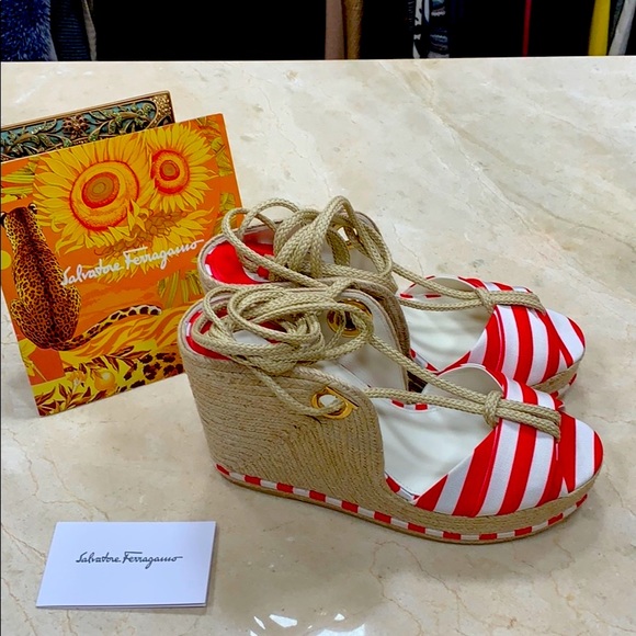 SALVATORE FERRAGAMO RED WHITE STRIPED FABRIC JUTE ESPADRILLES W/CALF LEATHER 8.5 - Picture 3 of 14